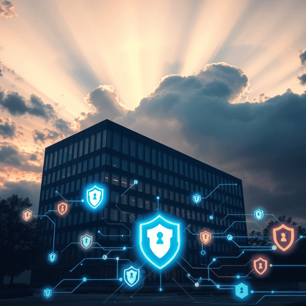 Modern office building at dusk with glowing digital shields and data streams, stormy clouds parting to reveal sunlight symbolizing cybersecurity and r