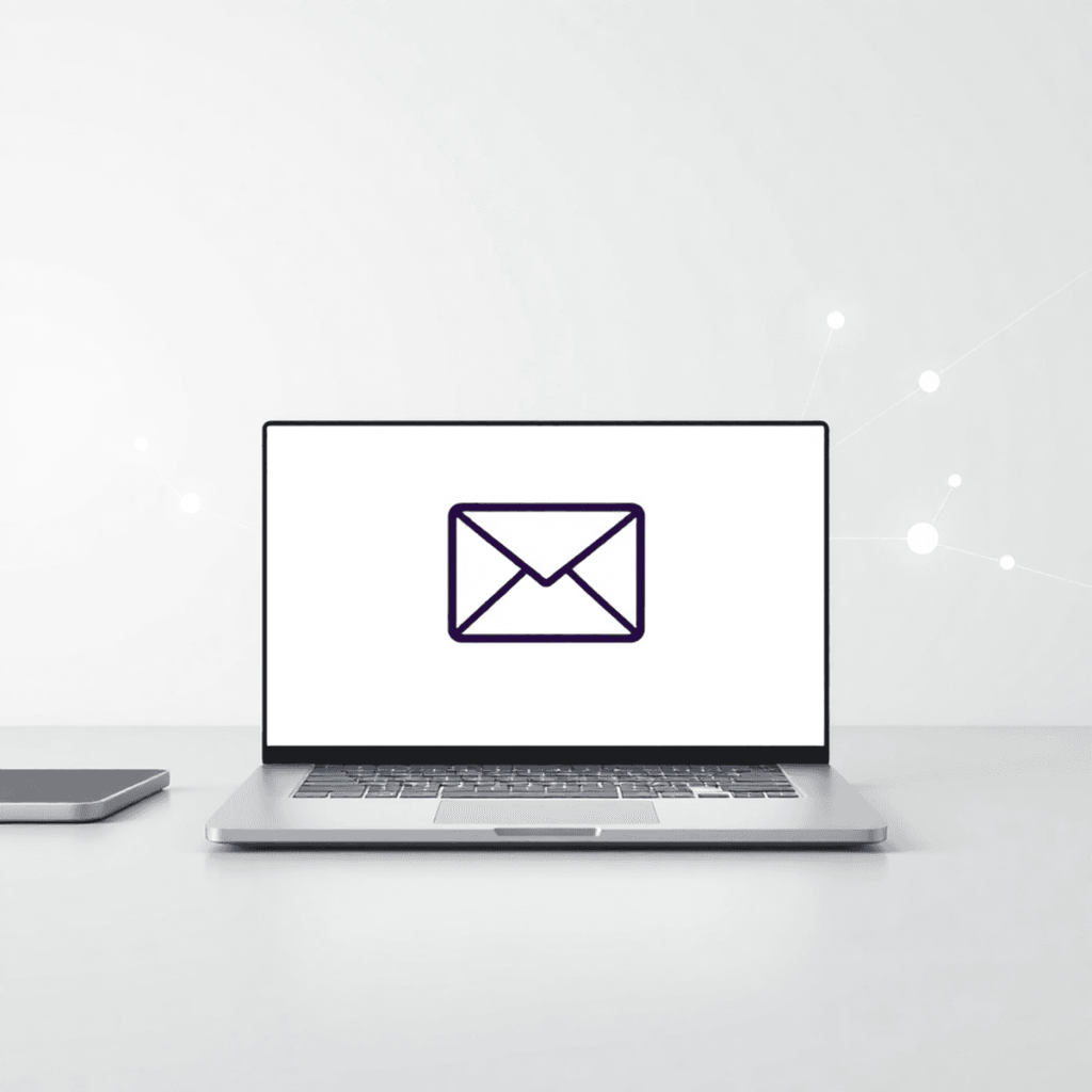 A modern workspace with a sleek laptop showing an abstract email icon surrounded by flowing lines and network nodes on a soft digital background.